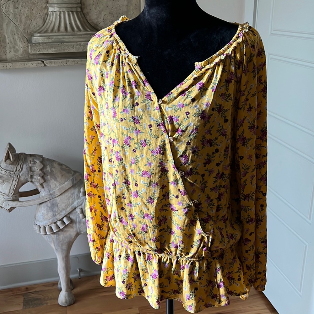 Democracy yellow floral print top blouse Sz XL